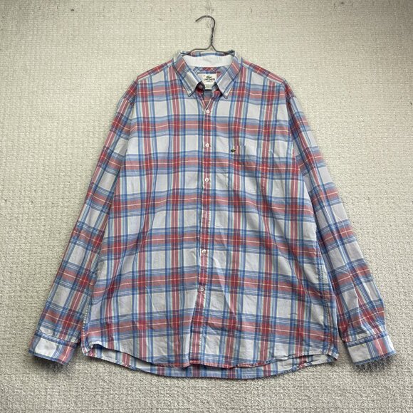 Lacoste Mens Sz 44 Classic Fit Pink & Blue Plaid Button Down Dress Shirt Casual - Picture 1 of 14